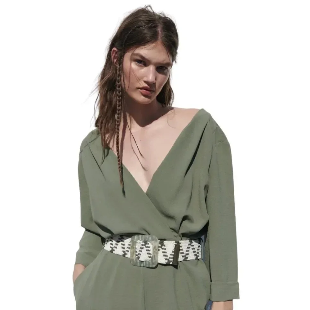 ZARA Dark Khaki Belted Wide Leg Jumpsuit XS NWT Wrap V Neck 3/4 Sleeve